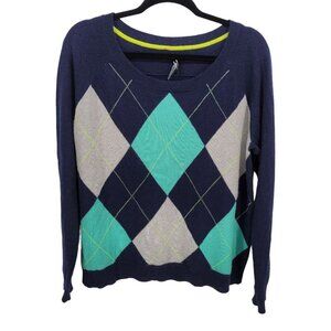 Apt 9 Womens XL Cashmere blue gray argyle sweater scoop neck knit long sleeve